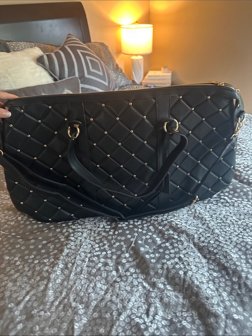 Badgley Mischka Quilted Black Gold Stud Detail Tote Bag - Stylish Carryall